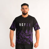 Man wearing a black t-shirt with purple camouflage patterns and 'REX EZ' text on a white background