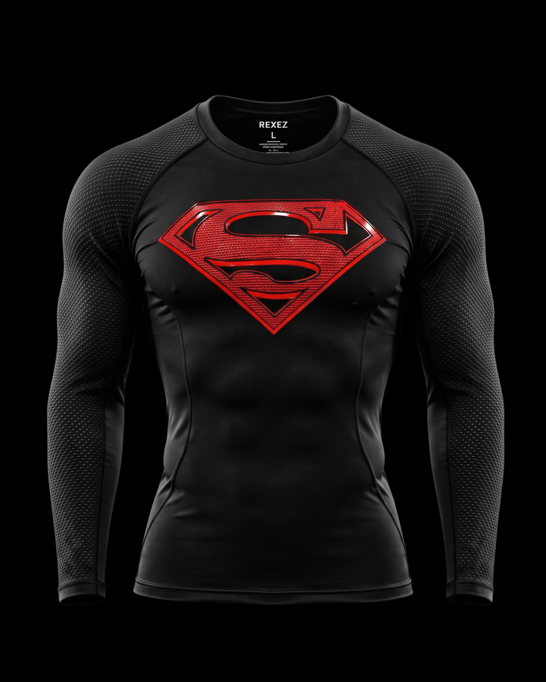A black long-sleeve athletic compression shirt with a textured mesh pattern and a large red Superman-style chest logo, shown on a black background. The inner neck label reads HENZ.