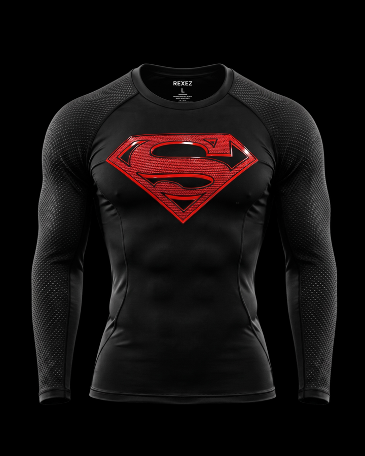 A black long-sleeve athletic compression shirt with a textured mesh pattern and a large red Superman-style chest logo, shown on a black background. The inner neck label reads HENZ.